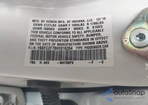 2017 Honda Civic Ex from USA, damaged, VIN 19XFC2F78HE016354